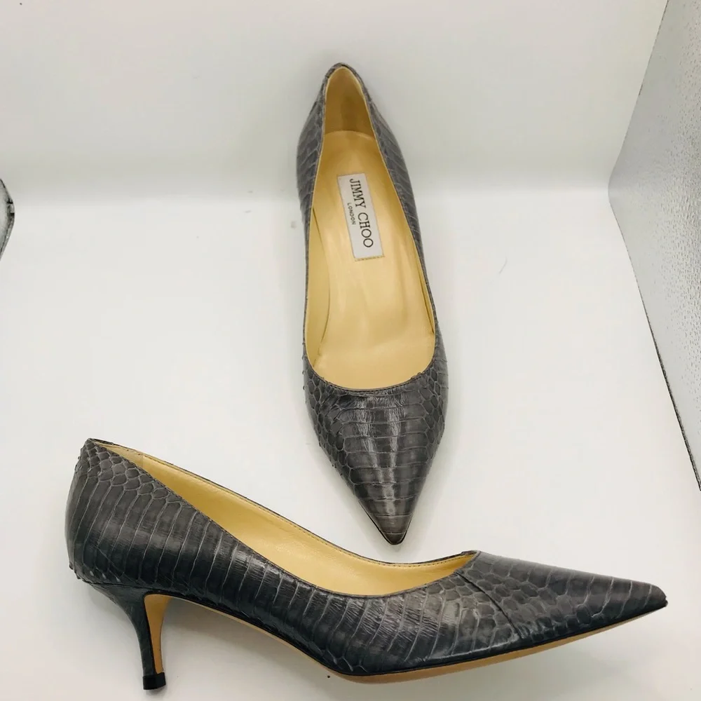 Jimmy Choo Gray Pointed-Toe Kitten Heel Pumps - Picture 3 of 12